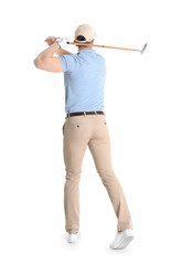 Young man playing golf on white background