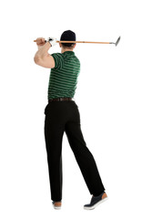Young man playing golf on white background
