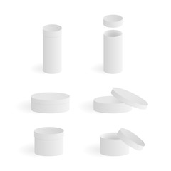 Set of empty round boxes isolated on white background. Isometric cardboard gift boxes collection