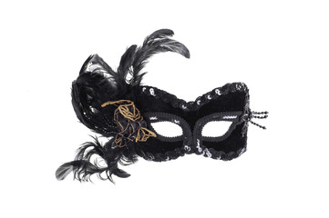 black theatrical mask with feathers isolated on white background