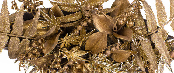 Gold tropical palm leaves Monstera on white background.Gold leaf background texture, decoration elements for invitations, greeting cards.