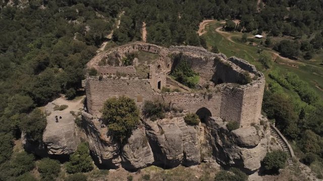 Barcelona. Aerial view in village of  Granera, rural town with castle. Catalonia,Spain. 4k Drone Video