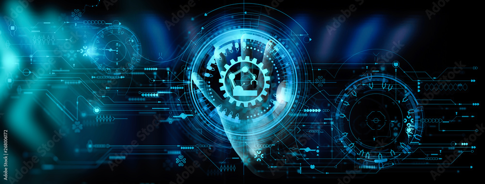 Poster Engineer hand check and control welding robotics automatic arms icon with machine in intelligent factory automotive industrial with UI monitoring system software.