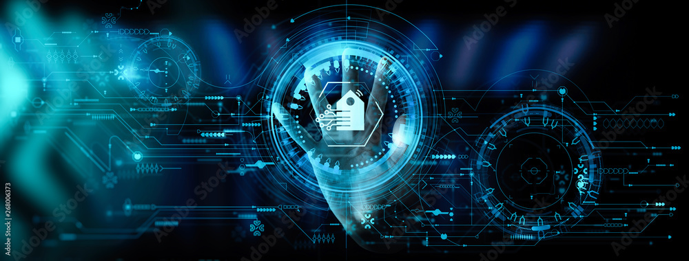 Poster Hand pushing Smart home Automation Control System Ui with Innovation technology internet Network Concept.