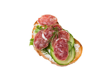 Sandwich with sausage, cucumber and cheese isolated on a white background.