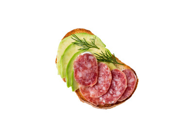 Sandwich with sausage and avocado, isolated on white background.