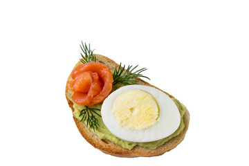 Sandwich with salmon egg and avocado on a white background.