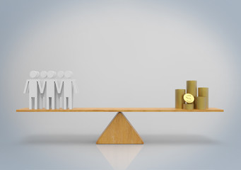 3d rendering. Group of golden coins stack and people on wood balance scale. Human resource value...