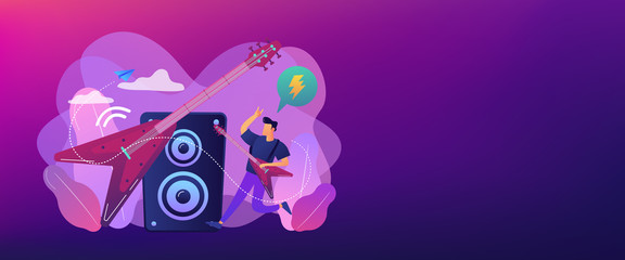 Guitarist playing the electric guitar at concert, tiny people. Rock music style, rock and roll party, rock music festival concept. Header or footer banner template with copy space.