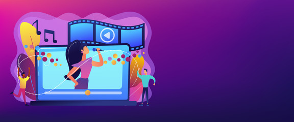 Huge laptop with famous singer performing on screen and tiny people dancing. Music video, official music video, video clip production concept. Header or footer banner template with copy space.