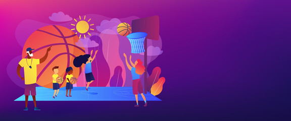 Coach teaching and kids practicing basketball in summer camp, tiny people. Basketball camp, NBA academy, achieve basketball goals concept. Header or footer banner template with copy space.