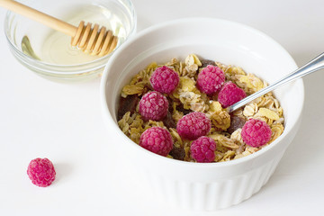Healthy breakfast. Fresh granola on a white background