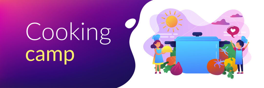 Kids at huge pan enjoy cooking tasty dishes from vegetables, tiny people. Cooking camp, culinary education for kids, young chief course concept. Header or footer banner template with copy space.