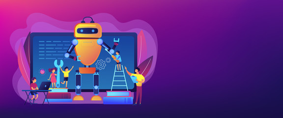 Kids programming and creating robot at class, tiny people. Engineering for kids, learn science activities, early development classes concept. Header or footer banner template with copy space.