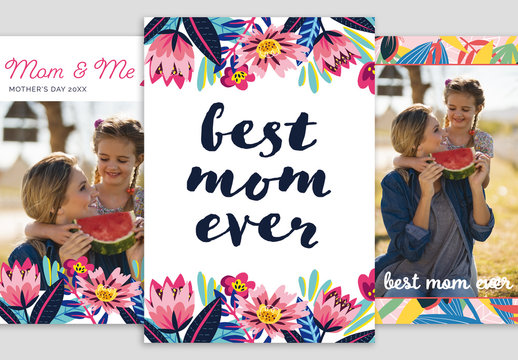 Mother's Day Card Layout Set with Floral Graphic Elements