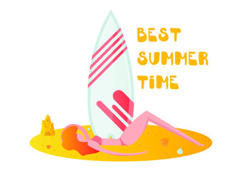 girl lying on the sand with a surfboard and sandcastle ,vector colorful illustration with character on a white background