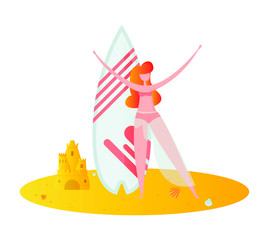 girl standing on the sand with a surfboard and sandcastle ,vector colorful illustration with character on a white background
