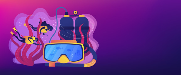 Scuba divers swimming under water and mask with snorkel, tiny people. Diving school, best commercial diving, all levels diver program concept. Header or footer banner template with copy space.