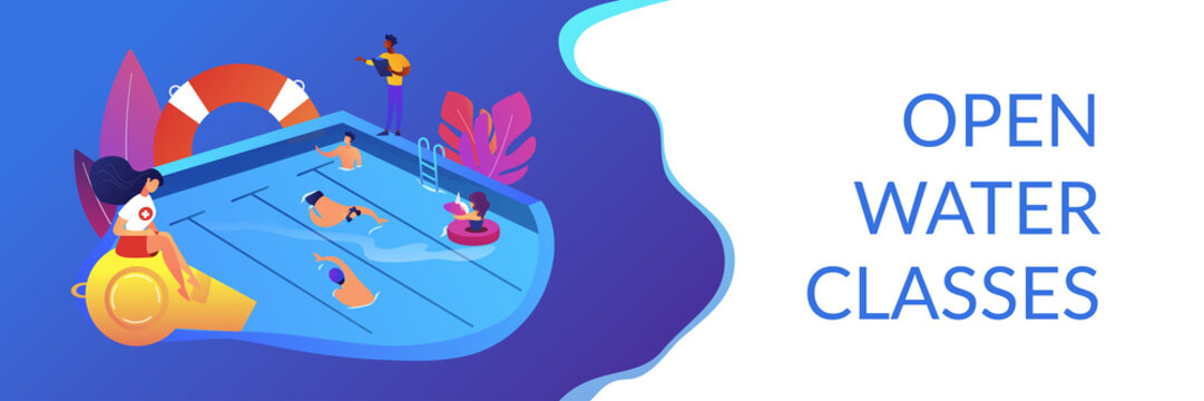 Tiny adult people swimming in the pool, coach and lifeguard. Swimming and lifesaving classes, swimming for adults, open water classes concept. Header or footer banner template with copy space.