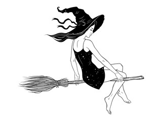 Beautiful witch girl riding broom hand drawn line art vector illustration. Boho chic tattoo, poster, tapestry or altar veil print design vector illustration.
