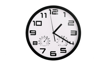 simple classic black and white round wall clock isolated on white. Clock with arabic numerals on wall shows 1:20 , 13:20