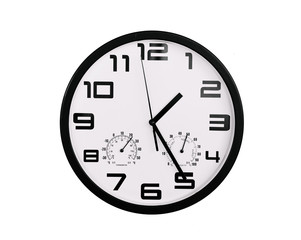 simple classic black and white round wall clock isolated on white. Clock with arabic numerals on wall shows 1:25 , 13:25