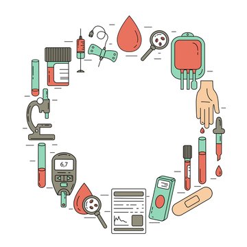 Blood test concept. Vector illustration with blood analysis items.