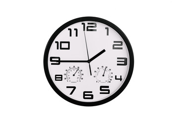 simple classic black and white round wall clock isolated on white. Clock with arabic numerals on wall shows 13:45 , 1:45