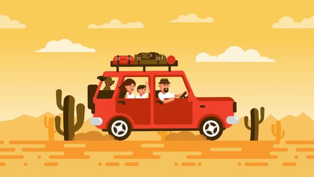 Family travels by car with a dog. SUV with passengers and luggage rides through the desert. Looped cartoon animation.