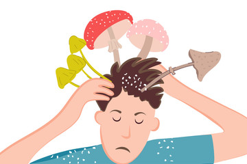 Ironic poster of dandruff problem on the head. Mushrooms and toadstools in the mind of a person due to dermatological diseases. Vector illustration for medical banner