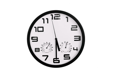 simple classic black and white round wall clock isolated on white. Clock with arabic numerals on wall shows 17:30 , 5:30