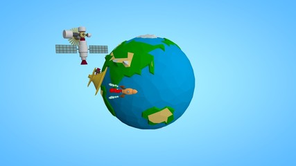 Image of the planet Earth and a space satellite, the ISS orbital station, and a space rocket flying to Mars reusable. The idea of space development and space exploration. Low poly style.
