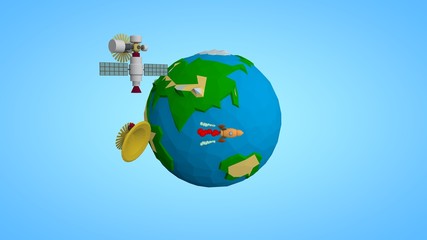 Image of the planet Earth and a space satellite, the ISS orbital station, and a space rocket flying to Mars reusable. The idea of space development and space exploration. Low poly style.