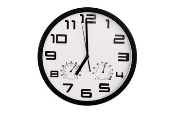 simple classic black and white round wall clock isolated on white. Clock with arabic numerals on wall shows 19:00 , 7:00