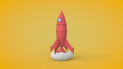 3D illustration of the rocket model in the style of low poly. Toy. Space rocket on the launch pad flies up from the spaceport. Stylized image of smoke in the form of balls of polyhedra. 3D rendering.