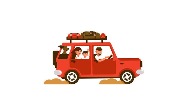 Family goes on vacation in a red car with luggage on the roof. Looped animation with alpha channel.
