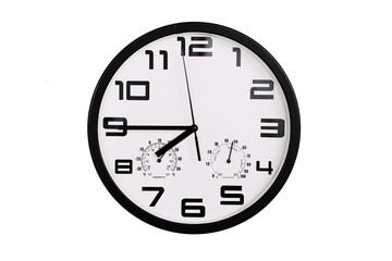 simple classic black and white round wall clock isolated on white. Clock with arabic numerals on wall shows 19:45 , 7:45