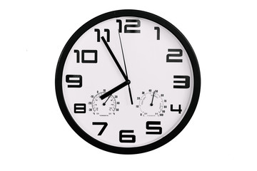 simple classic black and white round wall clock isolated on white. Clock with arabic numerals on wall shows 19:55 , 7:55
