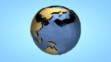 Polygonal illustration of planet earth in the style of low poly. Continents and oceans of gold and metal. The idea of ecology, environmental protection.