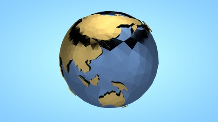 Polygonal illustration of planet earth in the style of low poly. Continents and oceans of gold and metal. The idea of ecology, environmental protection.