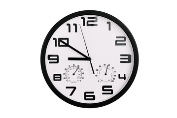 simple classic black and white round wall clock isolated on white. Clock with arabic numerals on wall shows 20:50 , 8:50