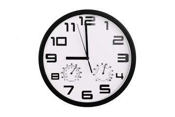 simple classic black and white round wall clock isolated on white. Clock with arabic numerals on...