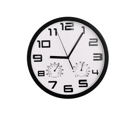 simple classic black and white round wall clock isolated on white. Clock with arabic numerals on wall shows 21:05 , 9:05