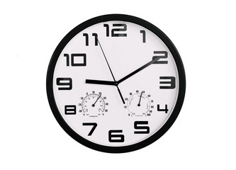 simple classic black and white round wall clock isolated on white. Clock with arabic numerals on wall shows 21:10 , 9:10