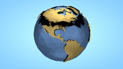 Polygonal illustration of planet earth in the style of low poly. Continents and oceans of gold and metal. The idea of ecology, environmental protection.