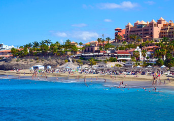 Beautiful coastal view of El Duque beach in Costa Adeje,Tenerife,Canary Islands,Spain.Summer vacation or travel concept.