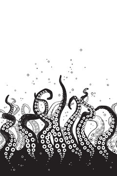 Octopus tentacles curl and intertwined hand drawn black and white line art background or print design vetor illustration.