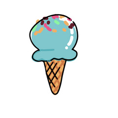 Blue Ice Cream in waffle cone Sketch. Hand drawn cartoon isolated illustration on a white background. Sweet delicious cold dessert food, snack. Stylized drawing cartoon Line art. Doodle.