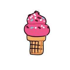 Pink Ice Cream in waffle cone Sketch. Hand drawn cartoon isolated illustration on a white background. Sweet delicious cold dessert food, snack. Stylized drawing cartoon Line art. Doodle.