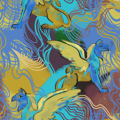 Obraz premium Seamless pattern with mythological animal. Pattern made of Griffins with the body, tail, and back legs of a lion, the head and wings of an eagle and abstract background with paint spots and lines.
